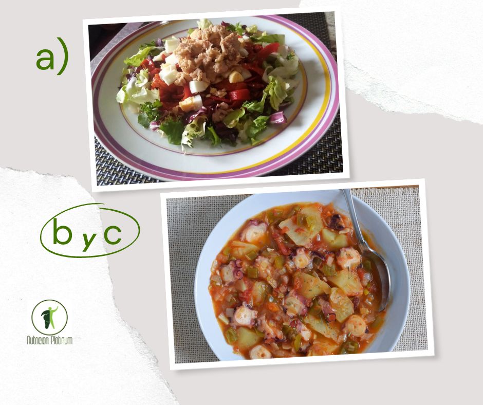 Ensalada de pimientos asados atún y huevo con guisado de patatas con pulpo